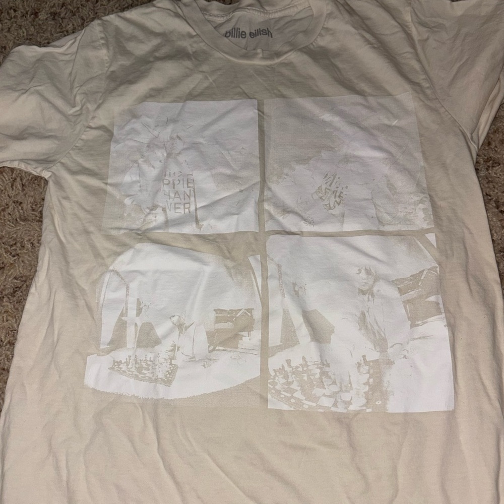 Cream Short Sleeve Tee with Artistic Grid Design Billie Eilish